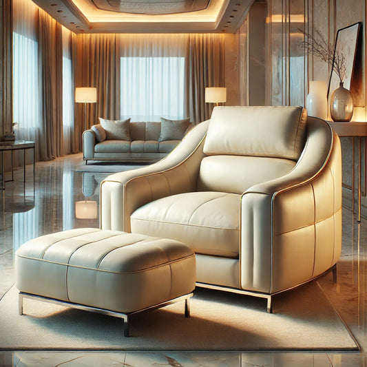 Cream Leather Armchair with Ottoman